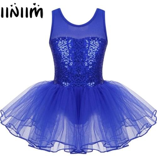 Iiniim Kids Girls Dancewear Bailarina Stretch Mesh Splice Sequins Ballet Dance Costumes Gymnastics Leotard Mesh Tutu Dress