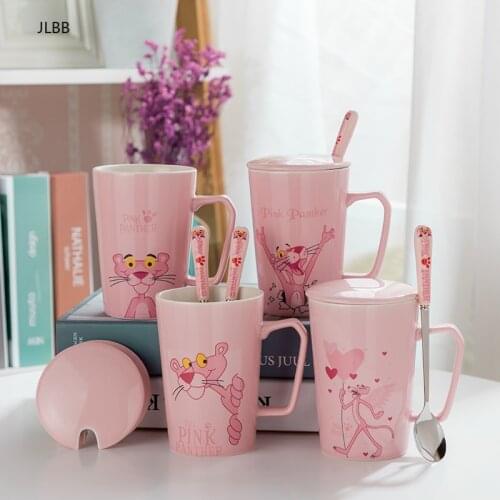 Ceramic Pink Naughty Panther cup Cartoon Ceramics Latte Milk Juice Tea Cups with Cover Spoon Birthday Anniversary gifts