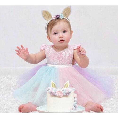 Colorful Cute Baby Party Birthday Princess dress Toddler Kid Baby Girl Sleeveless Rainbow Sequined Lace Princess Romper Dress