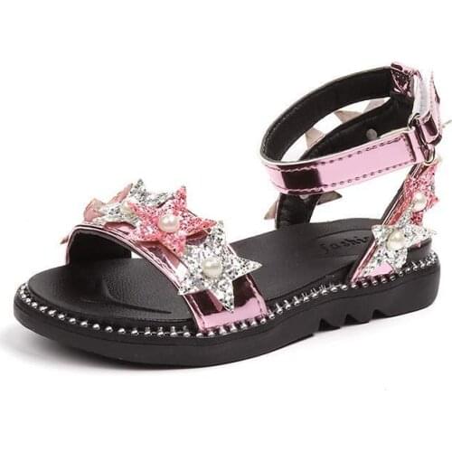 Summer girls sandals fashion princess girls beach shoes childrens flash fabric pearl star with sandals