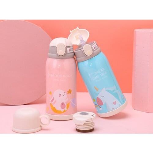 Cartoon Kids Vacuum Flask Portable Childrens Big Belly Cup Stainless Steel Tumblers Cute Water Bottle with Straw Coffee Mug