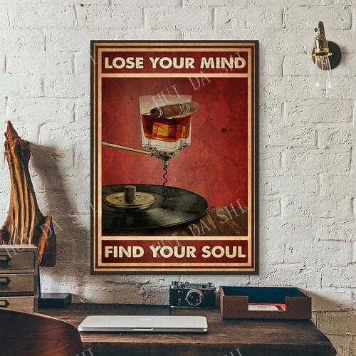 Music Poster - Lose Your Mind Find Your Soul, Vinyl Art Print, Whiskey Lover Gift, Cigarette Wall Art, Best Gifts Ever