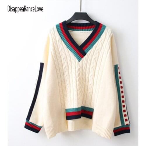 2021 New Autumn Winter V-Neck Sweater Loose Stripe Languid Lazy Wind Outfit Irregular Jumper Head Bottom Sweater Female