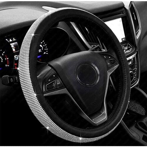 New Diamond Leather Steering Wheel Cover with Crystal Rhinestones Auto Car Interior Large-Size Car Wheel Protector for Women