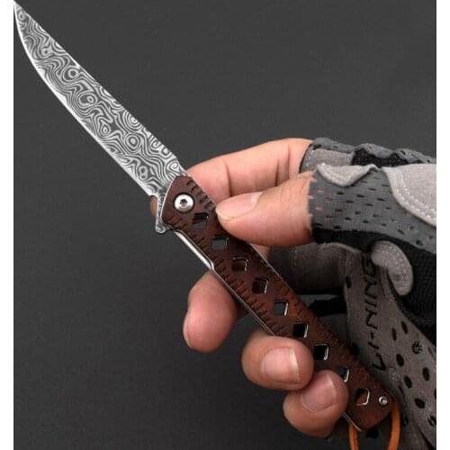 PRZY D2 STEEL/LASER DAMASCUS Blade Knife Outdoor Sharp MiNi Folding Pocket Knife with Wooden Handle Home Kitchen Tools EDC Knife