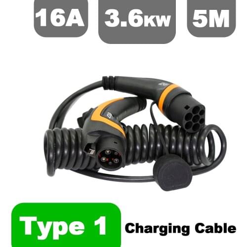 16A single phase EV Cable J1772 Type 1 to Type 2 IEC62196 EV Charging Plug With 5 Meter Spiral cable TUV/UL