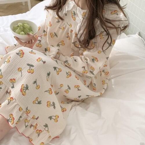 Cherry Print Autumn Nightdress Women Peter Pan Collar Long Sleeve Cotton Long Sleepwear Casual Kawaii Homewear Nightdress