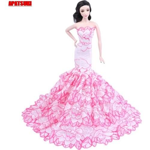 Pink White Lace Fishtail Mermaid Dress Clothes for Barbie Doll Outfits Evening Party Gown for Barbie 1/6 Kids DIY Toy Gift