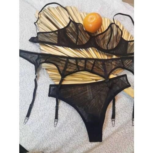 Sexy underwear three-piece garter panties set new thin see-through temptation bra briefs suit womens underwear set
