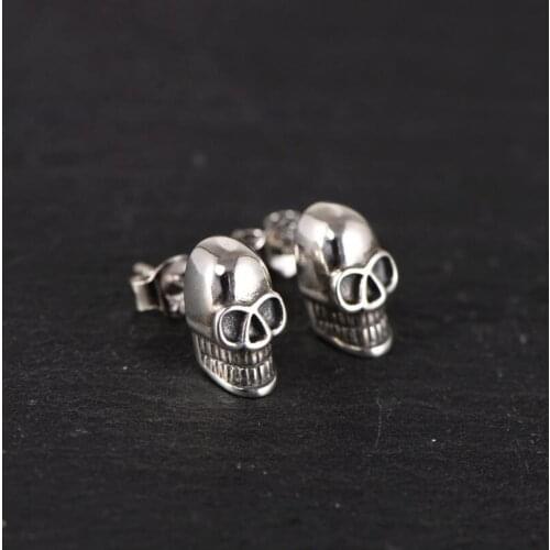 100% 925 Silver Skull Earrings Real Sterling Silver Skeleton Stud Earrings PUNK Jewelry Man Earrings