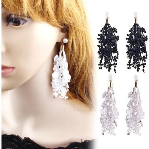 Bridal Wedding Lace Tassel Rhinestone Long Dangle Faux Pearl Stud Earrings Gift hot Fashion Dangle Earring Jewelry