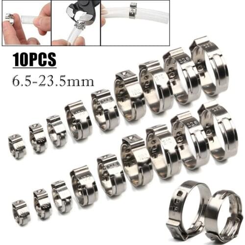 10Pcs 6.5mm-23.5mm 304 Stainless Steel Single Ear Hose Clamps Fuel Oil Water Hose Clip Pipe Tube Clamp Fastener Kit