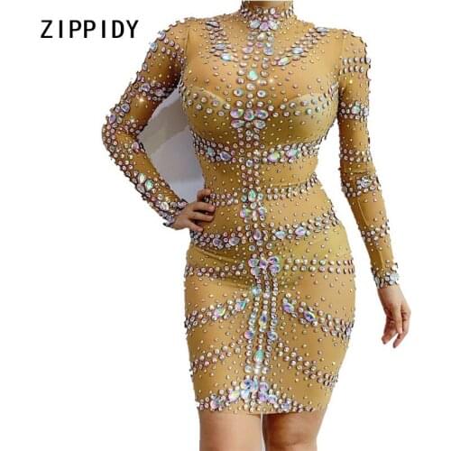 2 Colors Rhinestones Transparent Dress Bar Women Singer Outfit Evening Birthday Celebrate Outfit Stage Dance Dress
