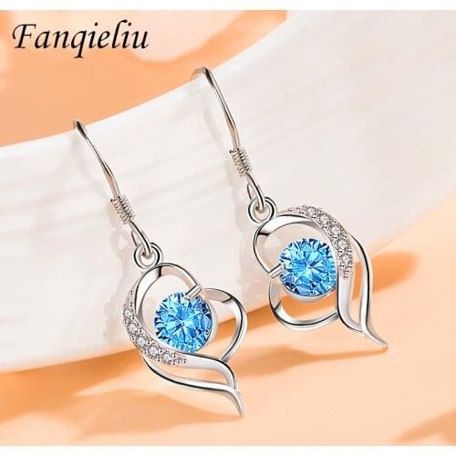 Fanqieliu Double Heart Real 925 Sterling Silver Drop Earrings For Women Elegant Blue Crystal Jewelry Danger Girl FQL21282