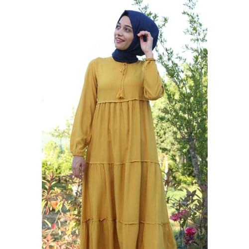 Womens Yellow Collar Laced Hijab Dress Muslim Fashion 100% Cotton Made in Turkey Fast Delivery