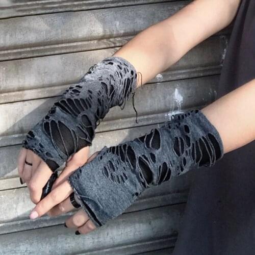 1Pair Broken Slit Sexy Gothic Fingerless Gloves Unisex Halloween Punk Black Ripped Holes Cosplay Party Dress Up Accessories