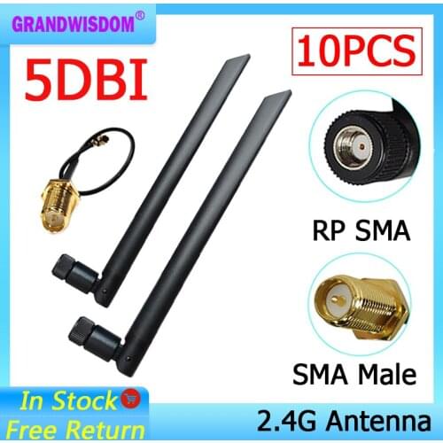 10pcs wholesale 2.4GHz Antenna wifi RP-SMA Connector 5dBi WiFi antena 2.4 ghz antenne+21cm RP SMA to ufl./ IPX 1.13 Pigtai cable