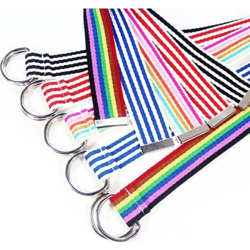 130cm Dual Ring Fashion Canvas Waist Belt Rainbow Color Striped Strap Waistband