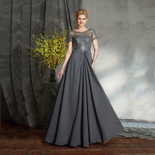 2021 Hot Sale Gray Floor Length Lace Beaded Mother of the Bride Dresses With Short Sleeves Jewel Wedding Party Gowns Backless