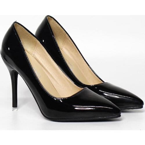 2021 spring new stiletto high heel womens large single shoes shallow mouth pointed patent leather 10cm party dress work shoes