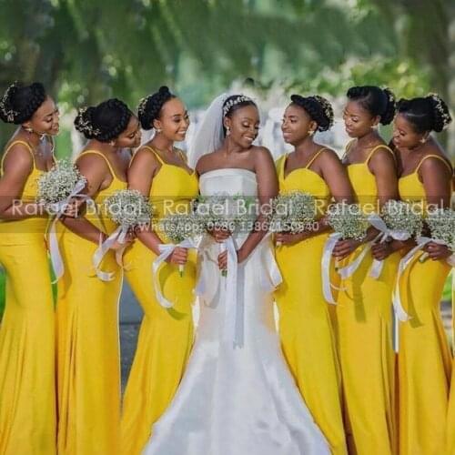 2021 Gold Yellow Bridesmaid Dresses Mermaid Long Sexy African Women Sleeveless Floor Length Maxi Dress Bridal Party Gown