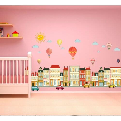 Color Cartoon Residential Building Car Balloon Wall Stickers for Childrens Room Kindergarten Baby Kids Sticker Home Decor 50*70
