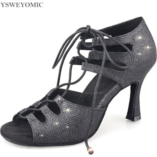 Girls Ladies Latin Indoor Sport Dance Shoes Black Silver Slim Giltter Latino Dancing Shoes for Women Ballroom Salsa Dance Shoe