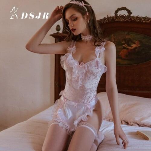 Erotic Lingerie Jumpsuit Cute Bow Princess Lace Velvet Suit Bodysuit Lovely Sexy Cook Uniform Xmas Gift Maid Cosplay Adult Baby