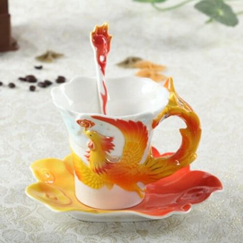 Chinese New Fashion Enamel Porcelain Dragon Phoenix Creative Personalized Coffee Cup Wedding Custom Gifts Cutlery Set