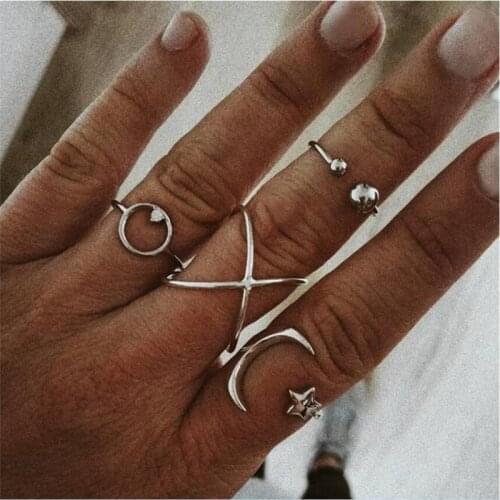 4pcs/lot Crystal Knuckle Ring Set Boho Punk Jewelry For Women Gold Color Adjustable Moon star Finger Ring Bohemian Anillos