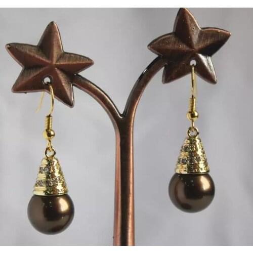 Fashion womens gold plated 12 mm Brown Shell Pearl Earrings