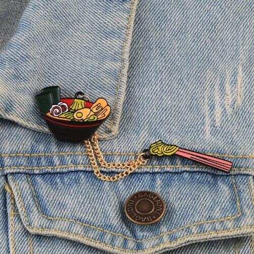 Cartoon Ramen Enamel Pins Cute Foods Japanese Noodles Chopsticks Brooches Women Men Denim Shirts Lapel Pins Badge Jewelry Gifts