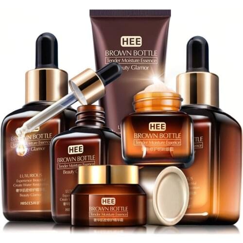 6pcs Skin Care Set Small Brown Bottle Face Toner Essence Eye Cream Lotion Anti-Aging Retinol Serum Facial Cleanser Cosmetics Kit