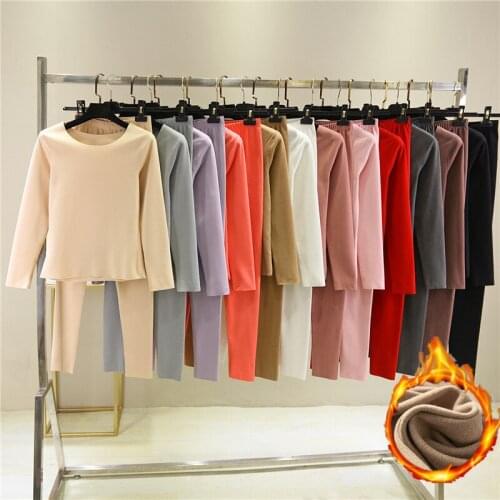 Underwear Female Double-Sided Plush Women Long-Sleeved Bottom Shirt Thermal Suit Velvet Hoodie T shirts Long Two-Piece Set