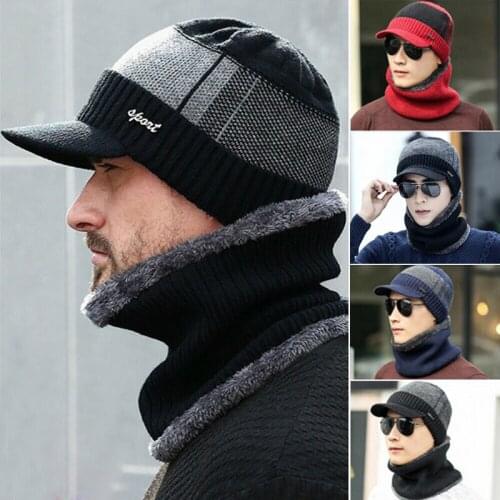 New Fashion Men Warm Winter Hat Scarf Soft Knitted Hat Scarf Set Beanie Hat For Men Outdoor Wool Warm Scarf Cap Set Knitted Caps