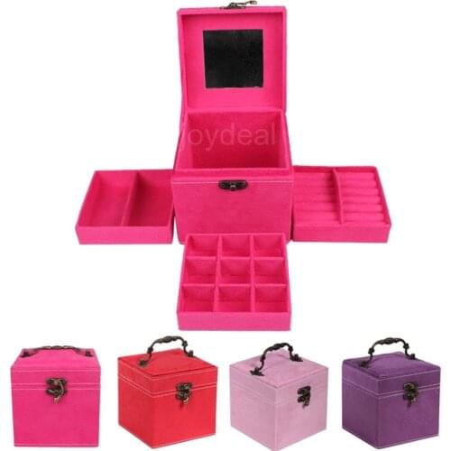 NEW Vintage Velvet Three-Tier Jewelry Box Multideck Storage Cases with Wood Mirror Durable Wedding Birthday Gift