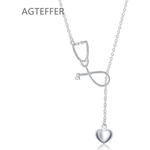 AGTEFFER 925 Sterling Silver 18 Inch Stethoscope Heart Pendant Necklace For Women Fashion Wedding party Charm Jewelry