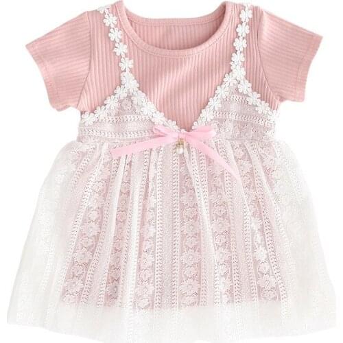 Toddler Girl Dresses Striped Skirt 1-4 Years Kids Girls Summer Short-sleeved Cotton Pink Lace Sweet Knee Skirts Fake 2 Pieces