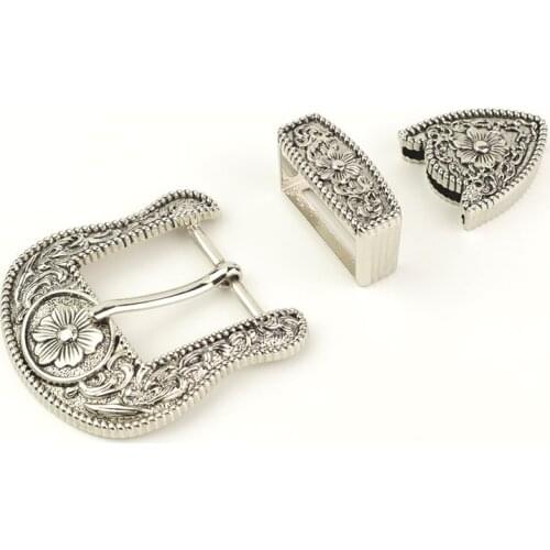 30mm vintage carve pattern beautiful metal women men DIY leather craft belt buckle set antique silver color 3pcs parts/set