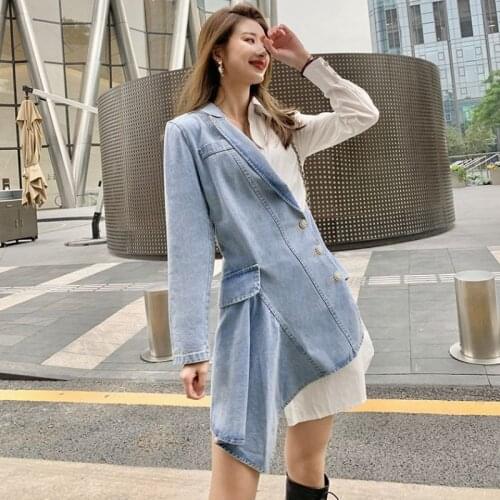 Net red celebrities age-reducing stitching Denim irregular Dress 2021 personality fake two piece stitching Denim Dress Female