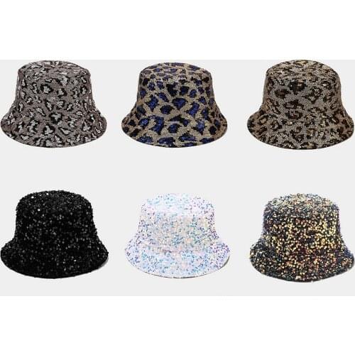 New Sequined Leopard Pattern Womens Fisherman Hat Bucket Hat Street Stage Performance Hat Unisex Panama Cap Summer Hiking Hat