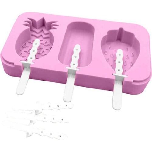 Cute Silicone Ice Pop Molds 3-Cavity Popsicle Mold Ice Cream Mould DIY Candy Chocolate Soap Jelly Moulds Tray With Lid & Sticks
