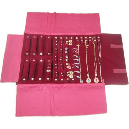 Fashion Burgundy Velvet Travel Jewelry Roll Bag For Necklace Pendant Earrings Ring Organizer Storage Portable Display Show Case