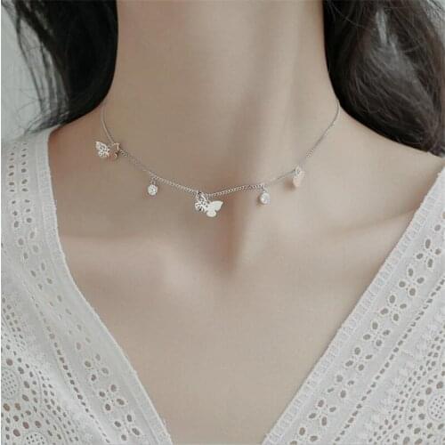 Trendy Silver 925 Necklace For Women Clavicle Accessories Cute Crystal Butterfly Pendant Necklace Female Jewelry Best Christmas