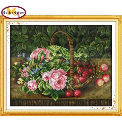 GG Fruit Basket Stamped Cross Stitch Patterns DIY Kits Needlework Embroidery Sets Joy Sunday Flower Cross Stitch for Home Decor