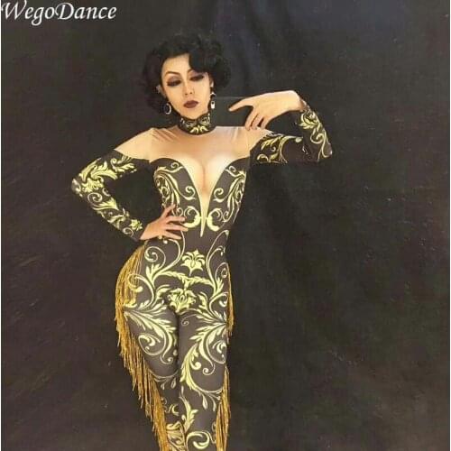 Yellow Tassel Totem Women Sexy Jumpsuit Stage Wear Singer Dancer Costume Nightclub Party Bodysuit Celebrate Clothing