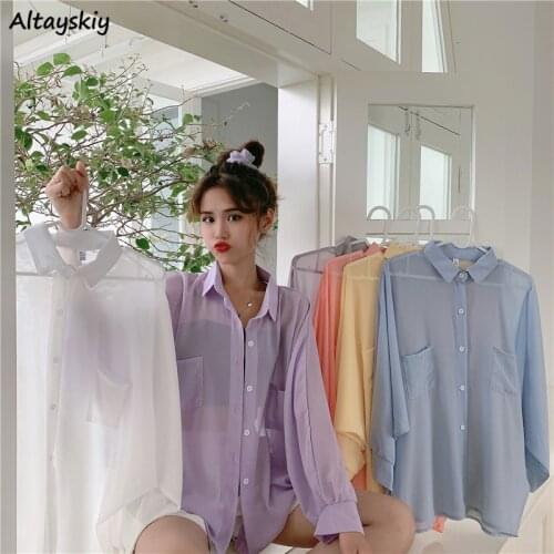 Summer Shirt Women Loose Sun-proof Casual Batwing-Sleeve Ladies Sheer Tops Female Clothing Korean Style College Leisure Fashion