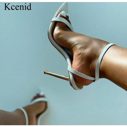 Kcenid White Snake Print PU Leather Pointed Open Toe Women Sandals Fashion Ankle Buckle Strap Metal Stiletto Heels Party Shoes