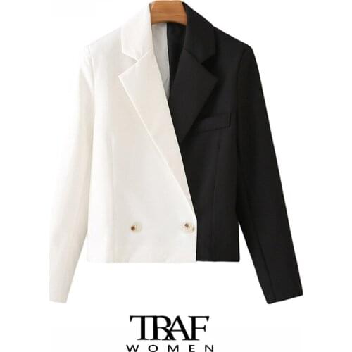 TRAF Za Women Fashion Double Breasted Patchwork Crop Blazer Coat Vintage Long Sleeve Female Outerwear Chic Veste Femme