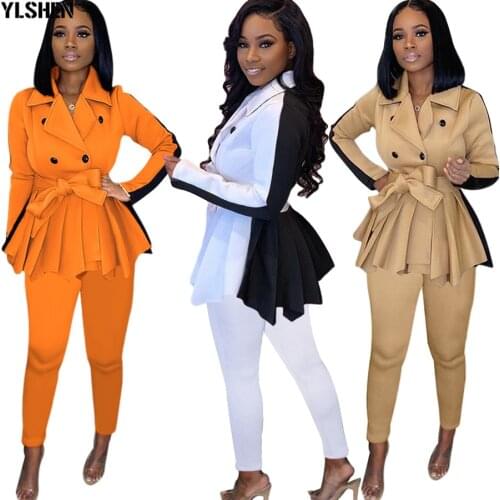 African Women Sets Long Sleeve Patchwork Pleat Dress Pants Winter Suit Office Lady 2 Piece Set Business Outfits Africa Clothing